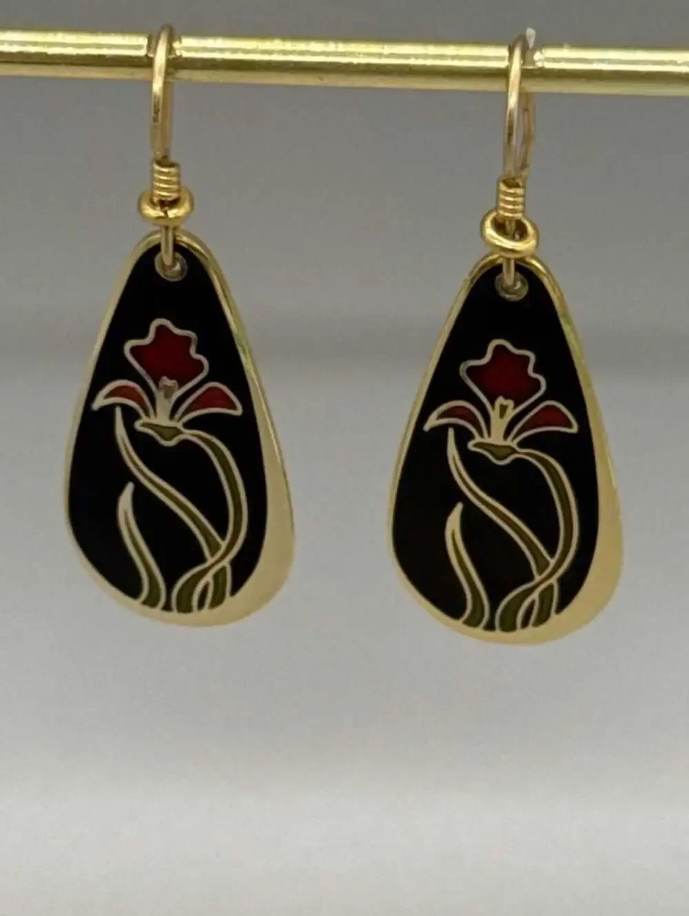Laurel Burch Wild Iris Red Black Enamel Teardrop Dangle Drop Earrings Signed Vtg